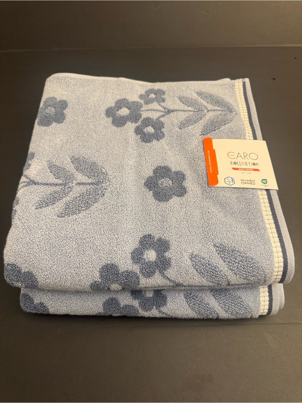 2pc CARO HOME Collection Blue Floral Cotton Zero Twist Yarns Bath Towel Set